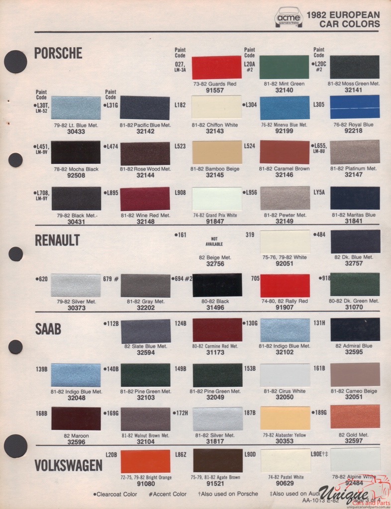 1982 Volkswagen Paint Charts Acme 1